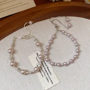Elegant French style pearl bracelet with zircon beads and adjustable pull chain