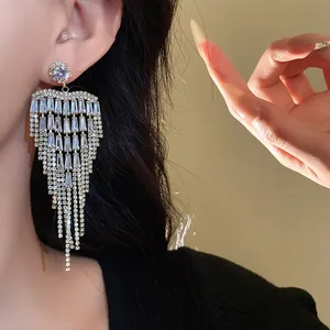 Detailed view of high-end silver needle zircon heart tassel earrings for evening gowns