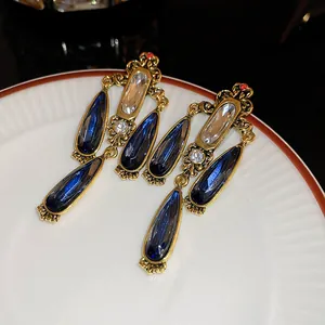 Orecchini Pendenti Barocchi Goccia Acqua Strass Blu Stile Palazzo Gioielli Lega Per Donna Con Perno In Argento
