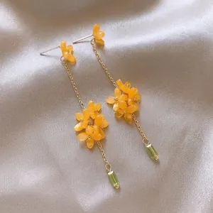 Detail showing yellow flower clusters and green bead accents on gold tassel earrings