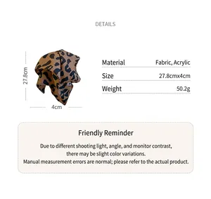 Leopard print fabric hair claw clip detail with material, size and weight specifications