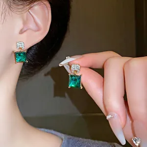 Vintage Emerald Green Square Crystal Stud Earrings For Women Alloy Rhinestone Geometric Jewelry With 925 Sterling Silver Post