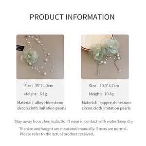 Detailed view of green mesh flower necklace with rhinestones and pearls for summer fashion styles