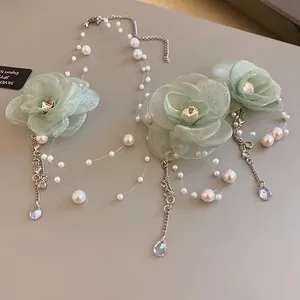 Elegant fairy style green organza flower necklace with pearl strands and zircon teardrop charms