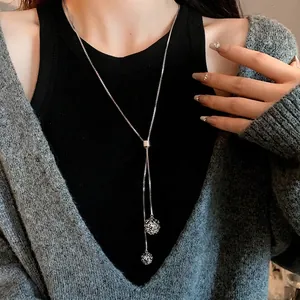 Fashion Titanium Steel Rhinestone Long Adjustable Necklace For Women Hollow Sphere Pendant Sweater Chain Silver Jewelry