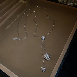 Elegant adjustable stainless steel long necklace with crystal pavé spherical charms