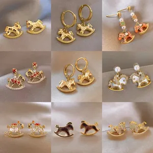 Vintage 18K Gold Plated Horse Stud Earrings For Women 925 Sterling Silver Post Zirconia Animal Zodiac Design Luxury Jewelry Accessory