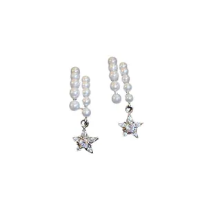 Elegant silver needle U-shaped earrings featuring pearls and dangling zircon star charms
