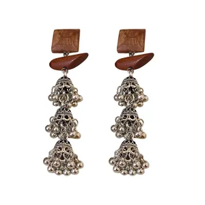 Retro ethnic style wooden square earrings with triple silver Jhumka tassels Bohemian