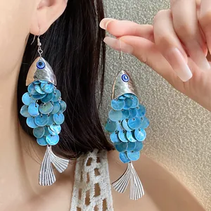Vue détaillée des boucles d'oreilles poisson à paillettes bleues et accents argentés.