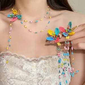 Colorful handmade beaded floral necklace and earrings jewelry set for vacation