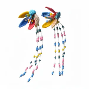 Handmade colorful beaded flower tassel earrings for women in fresh vacation style