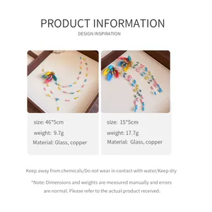 Detailed product specification sheet for colorful handmade beaded flower necklace and earrings