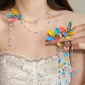 Detailed view of handmade colorful beaded flower necklace and earring set on model