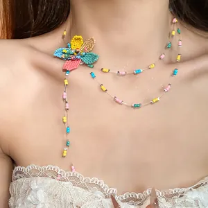 Close-up of colorful handcrafted beaded flower necklace on a model