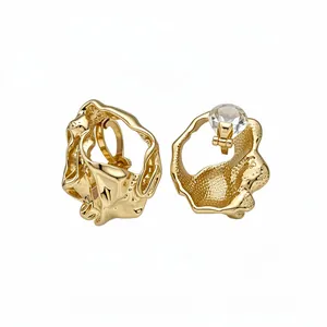 18k gold plated wrinkled geometric clip-on earrings with clear crystal accent for women