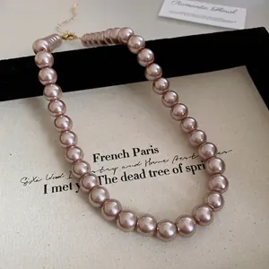 Elegant French style pearl necklace featuring large round pink pearls for women's jewelry