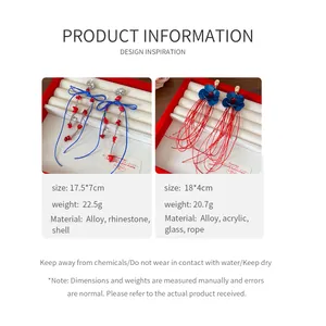 Produktdetails für Acrylblumen- und Quastenohrringe mit Materialdaten und Abmessungen.