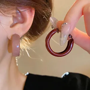 Vintage Alloy Enamel Hoop Earrings With 925 Sterling Silver Earring Post Minimalist Retro Round Red Coffee Drip Oil Earrings For Women Jewelry