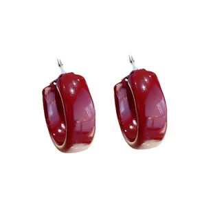 Minimalist retro burgundy enamel hoop earrings with S925 silver needle posts for women