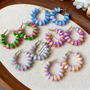 Pendientes de Aro con Cuentas de Resina Estilo Dopamina para Mujer Poste de Plata de Ley 925 Pendientes de Cuentas Geométricos Redondos Hechos a Mano Joyería