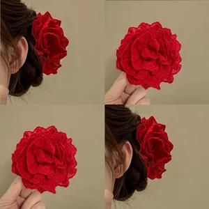 Handmade red fabric rose flower hair clip elegant shark clip for women hair accessories