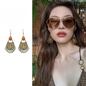 Bohemian Vintage Alloy Teardrop Tassel Earrings Ethnic Drip Oil Rice Bead Drop Earrings Retro Holiday Jewelry For Women