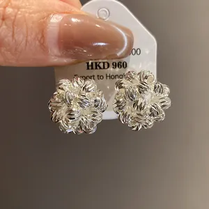 Macro detail of minimalist 18k gold plated floral cluster earrings with textured finish
