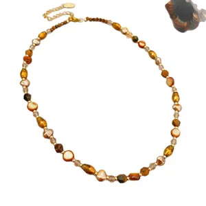 Vintage tiger eye stone beaded necklace for women with elegant gold-tone accents