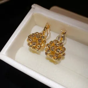 Close-up of 18k gold plated round flower cluster clip-on earrings in a white gift box