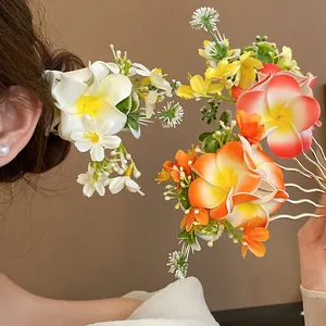 Tropical Plumeria fabric flower hair fork accessory for elegant beach vacation styling