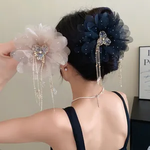 Acrylic Chiffon Flower Long Tassel Hair Claw Clip Rhinestone Elegant Hair Accessory Shark Clip For Women Fashion Headwear Jewelry