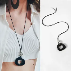 Resin Hollow Round Pendant Necklace Ethnic Retro Style Faux Leather Cord Minimalist Long Sweater Chain Women Jewelry Gift