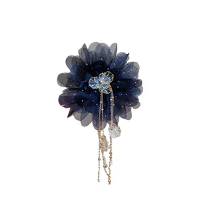 Elegant black chiffon flower hair claw clip with golden tassel chains and pearls