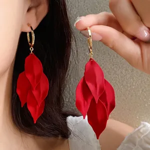 Elegant red floral petal tassel earrings with 925 silver needles for a vacation look.
