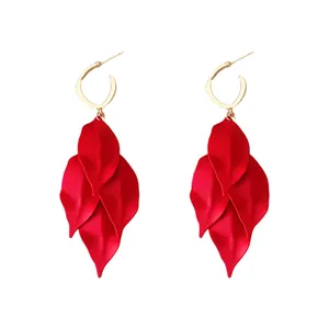 Elegant vibrant red leaf tassel earrings with S925 silver needle on white background