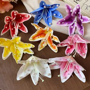 Lot de barrettes à fleurs de lys en tissu coloré avec perles, accessoires de coiffure chic.
