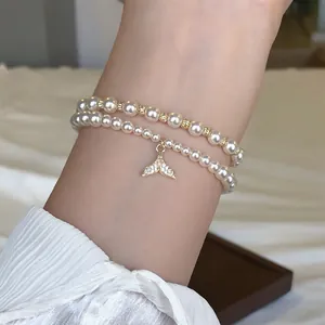 French Style Double Layer Artificial Pearl Bracelet For Women Elegant Zirconia Fish Tail Pendant Gold Plated Alloy Hand Jewelry Gift