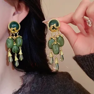 Orecchini a Goccia con Frange Verde Oliva Stile Vintage Francese Orecchini Pendenti in Lega e Resina Gioielli di Moda per Donna con Perno in Argento