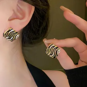 Luxury Square Enamel Stud Earrings With 925 Sterling Silver Earring Post Gold Black Wave Pattern Rhinestone Inlaid Earrings For Women