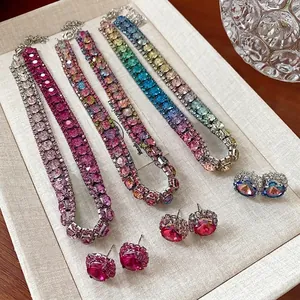 Collana Girocollo Con Strass Quadrati E Orecchini In Rame Multicolore Gradiente Set Di Gioielli Sofisticati Gioielli Di Lusso Leggero Per Donna