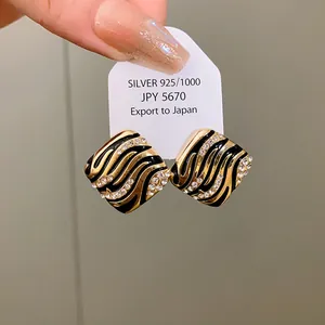 Luxury 925 silver square earrings with black enamel zebra pattern and crystal accents