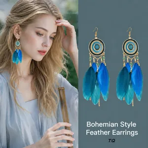 Bohemian ethnic style blue feather ear hook earrings with seed bead tassels SKU