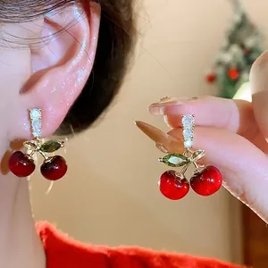 Cherry Zirconia Resin Stud Earrings With 925 Sterling Silver Earring Post Fashion Sweet Red Fruit Earrings For Women Jewelry Decor