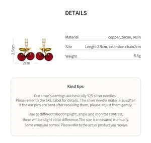 Detailed product specifications of red cherry earrings with zircon leaves and 925 silver needles