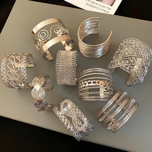 Exaggerated Geometric Alloy Bracelet For Women Minimalist Silver Color Open Cuff Bangle Fashion Hollow Out Multi Layer Individual Jewelry
