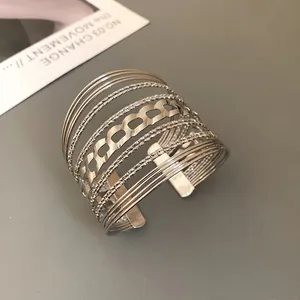 Exaggerated silver multi-layer geometric cuff bracelet in minimalist fashion style