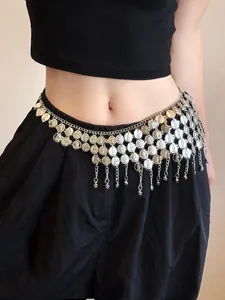 Elegant silver-toned coin body chain with tiered tassels and bells worn on waist