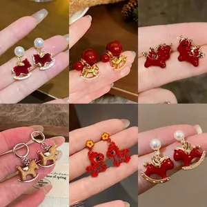 Vintage Red Horse Stud Earrings With Silver Earring Post Artificial Pearl Rhinestone Luxury Rocking Horse Earrings Chinese New Year Jewelry Gift For Women