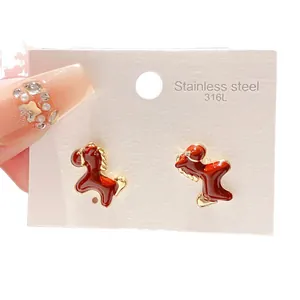 Retro red horse enamel stud earrings made of 316L stainless steel for women